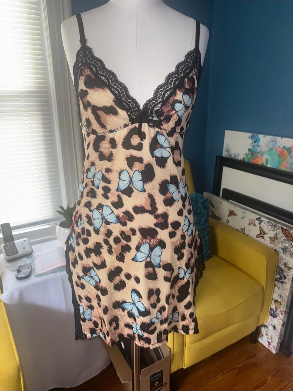 Lace-Trim Leopard & Blue Butterfly Satin Chemise
